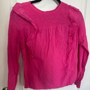 LOFT Bright Pink Long Sleeved Polka Dot & Ruffles Shirt!